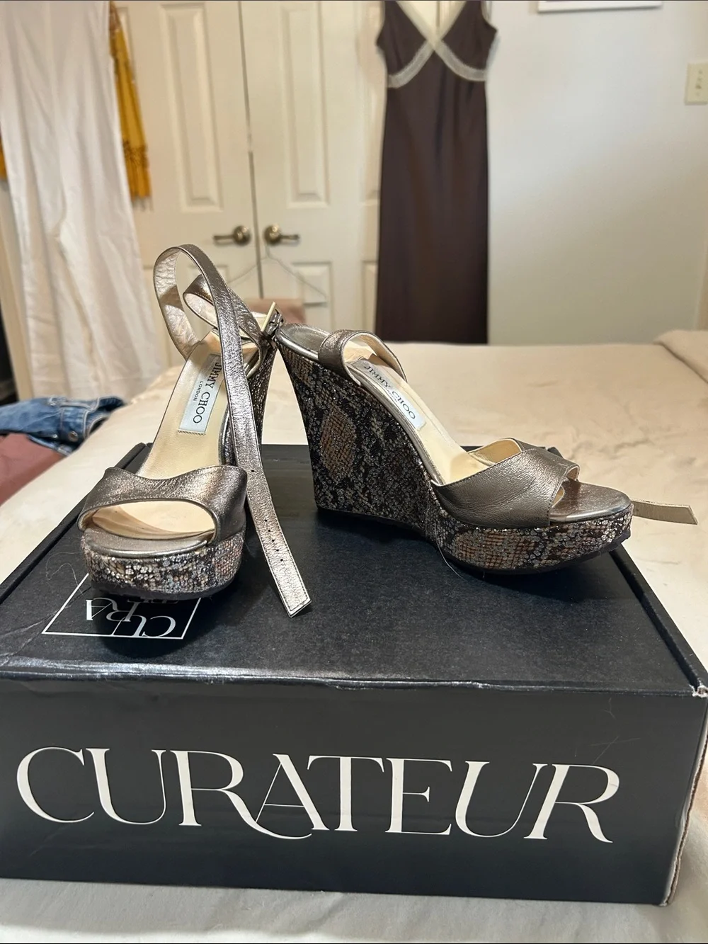 Jimmy Choo Pewter Metallic Snakeskin-Print Wedge Sandals